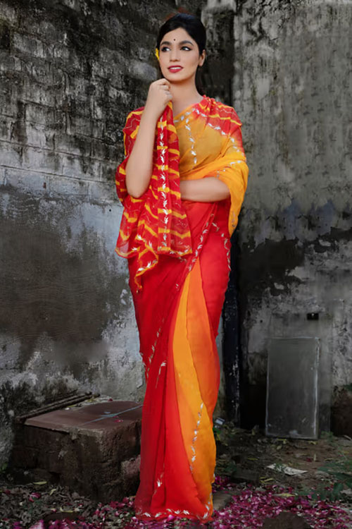 Red And Yellow Lehariya Saree