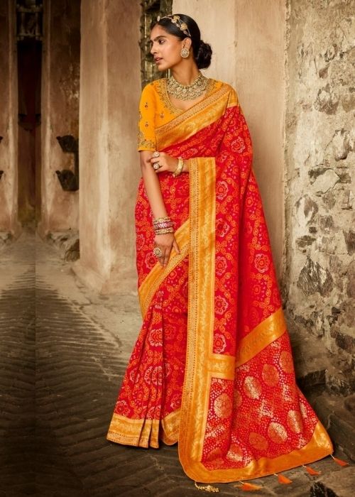 Red And Yellow Silk Bandhej Saree