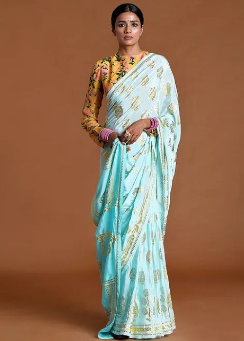 Sea Blue Foil Printed Saree