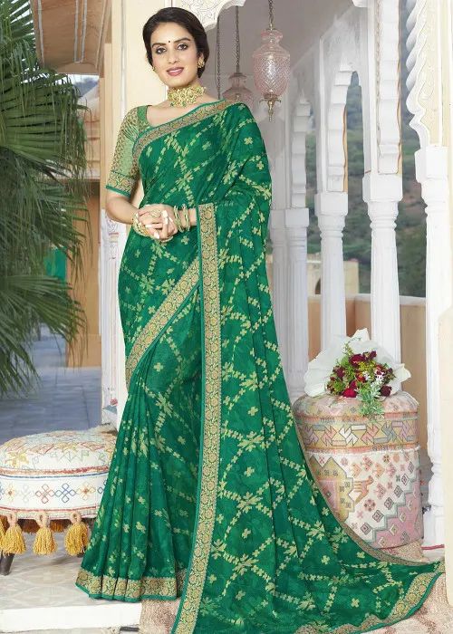 Teal Green Foil Print Saree