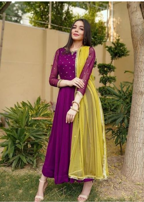 Wine Kurti And Yellow Dupatta