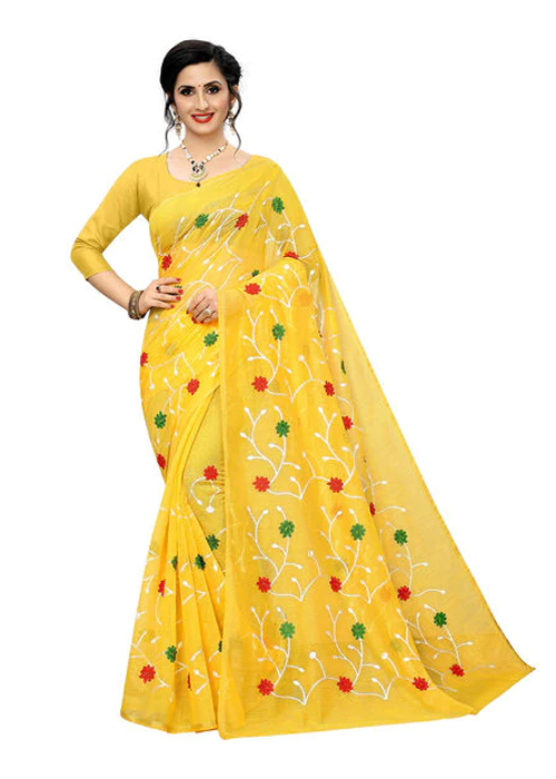 Yellow Floral Embroidered Saree