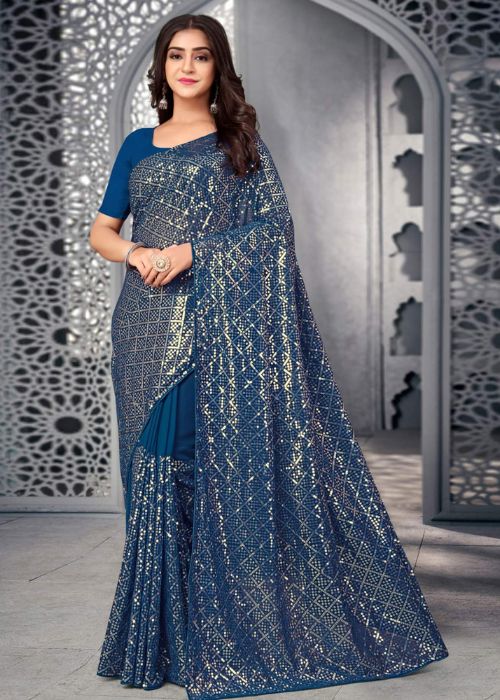 Blue Sequin Georgette Saree