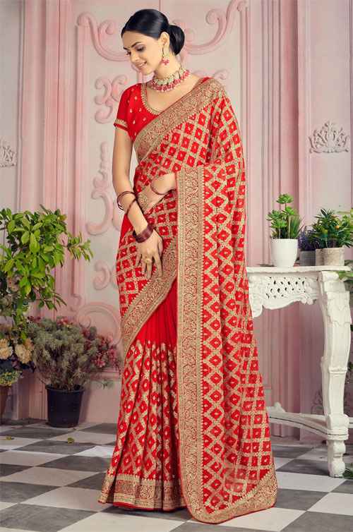 Checks Embroidered Georgette Saree