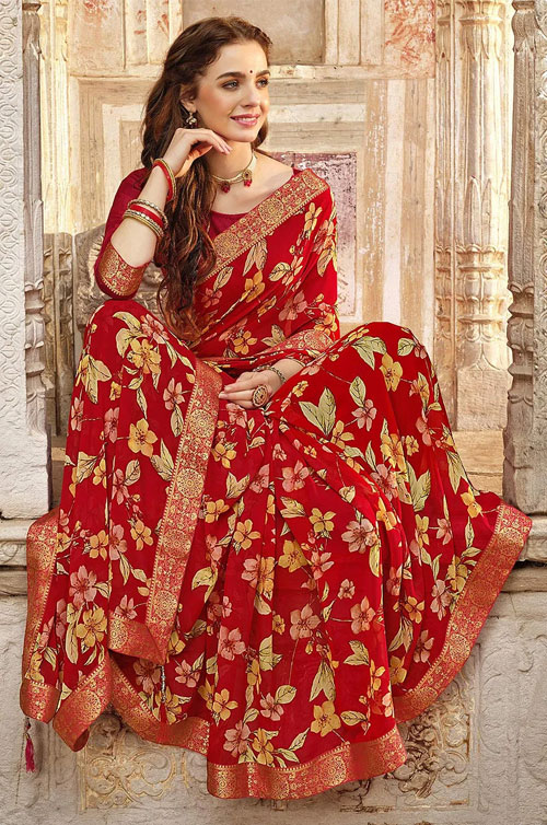 Digital Printed Red Saree