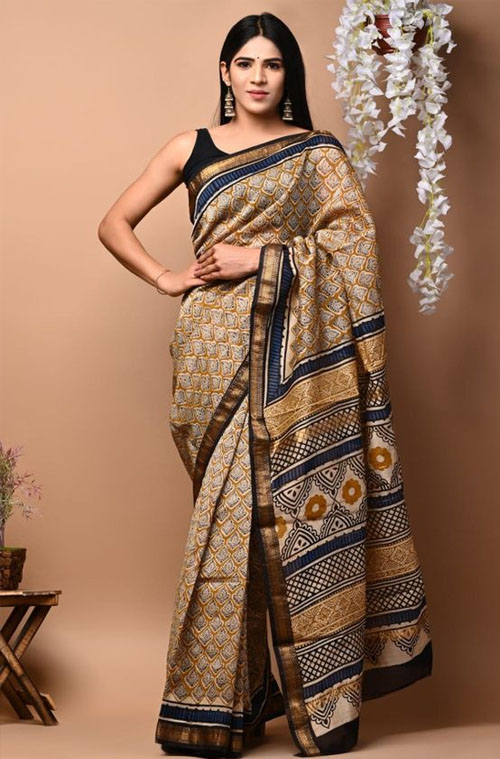 Hand Block Printed Maheshwari Saree