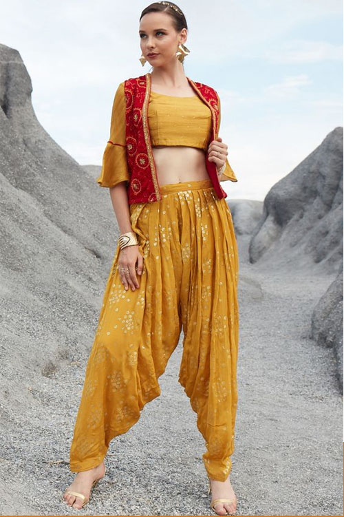 Mustard Foil Printed Dhoti Salwar