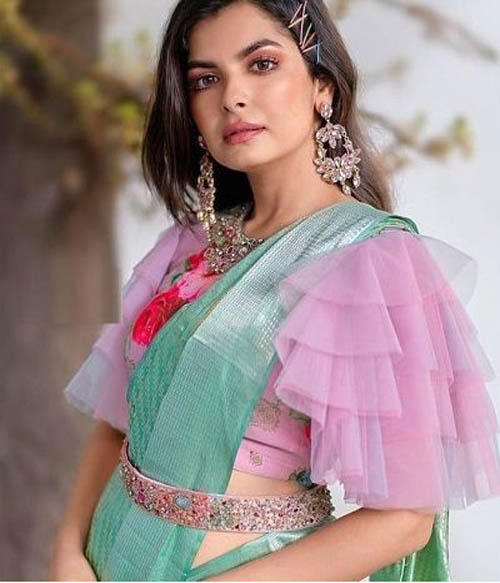 Net Frill Sleeves Blouse With Belt