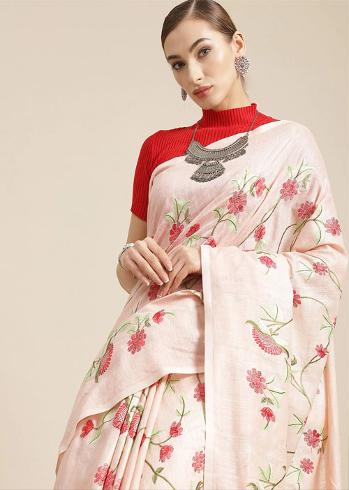 Peach Floral Maheshwari Saree