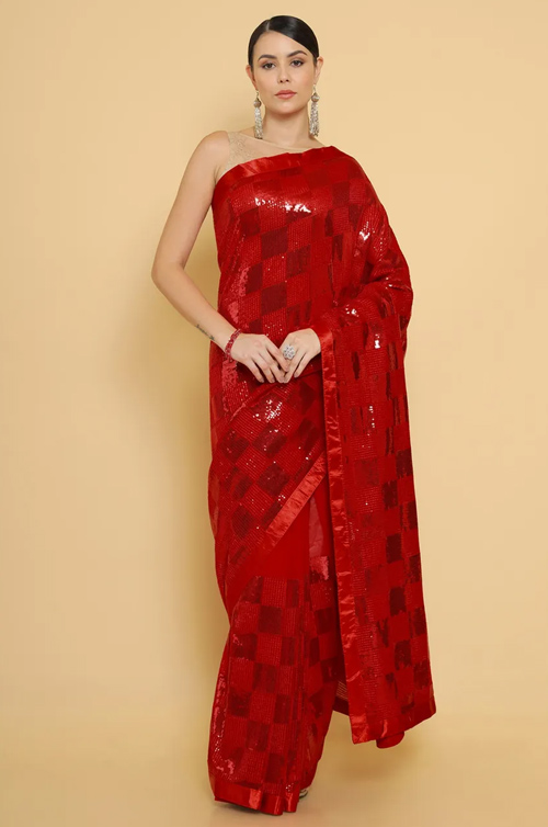 Red Checkered Sequin Saree