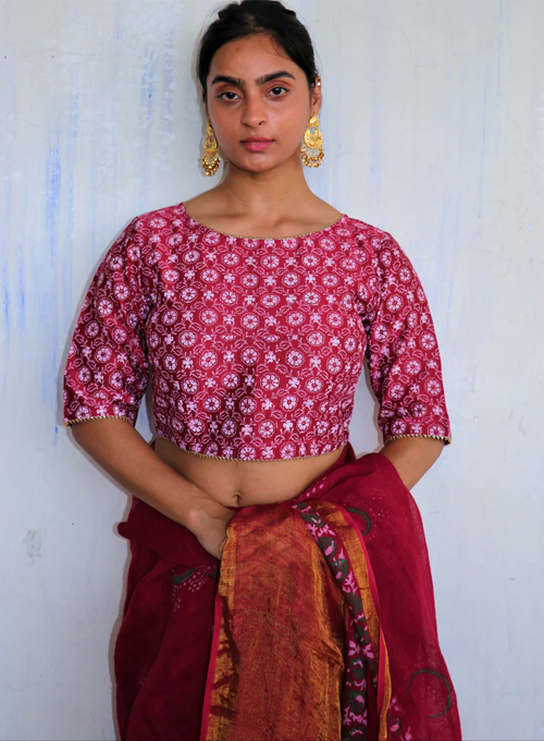 Red Floral Print Chanderi Blouse