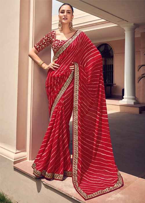 Red Lehariya Saree