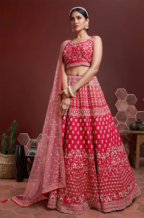 Red Lehenga With Net Dupatta