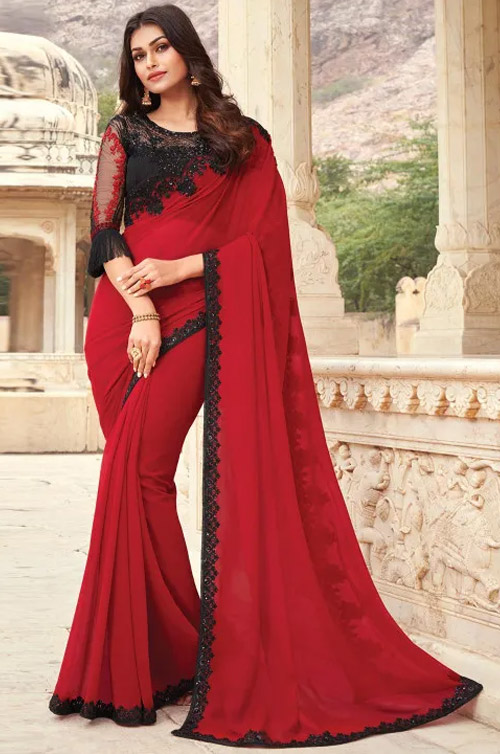 Red Saree And Black Border