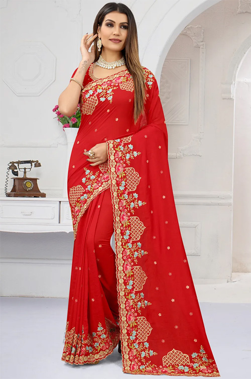 Resham Work Red Saree