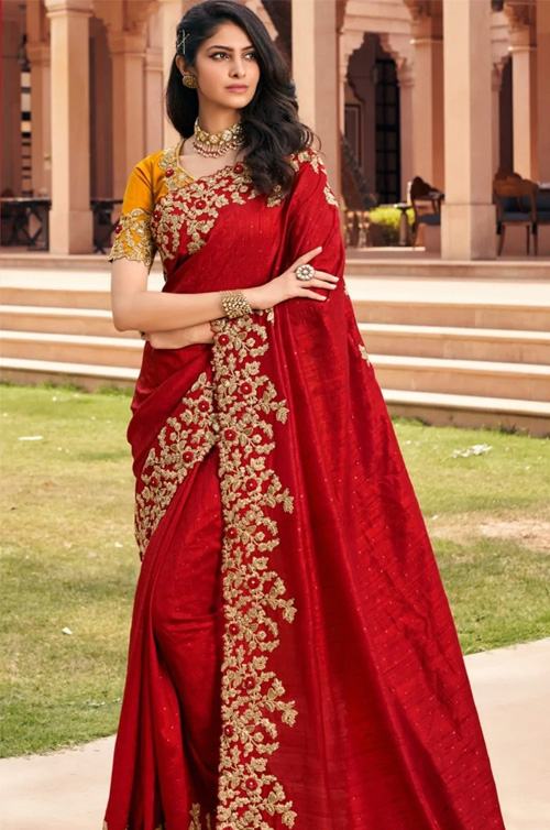 Satin Georgette Red Saree