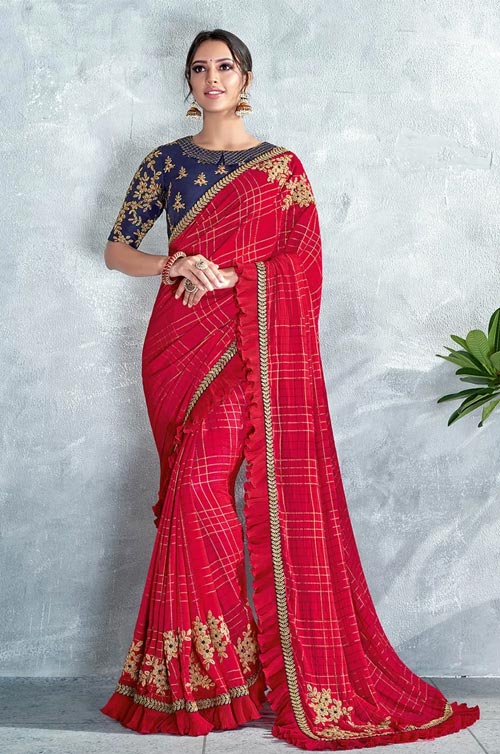 Silk Georgette Red Saree