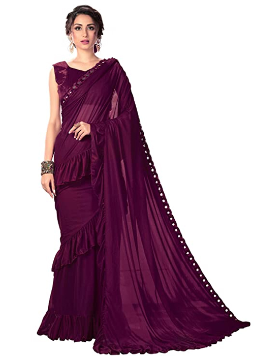 Wine Ruffle Work Saree
