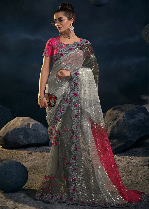  Grey Net Saree