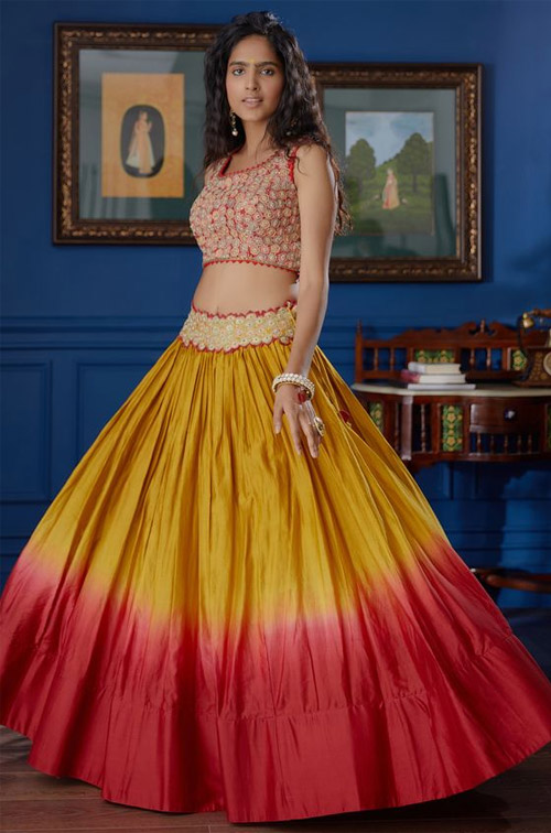 Mustard And Red Ombre Lehenga Set