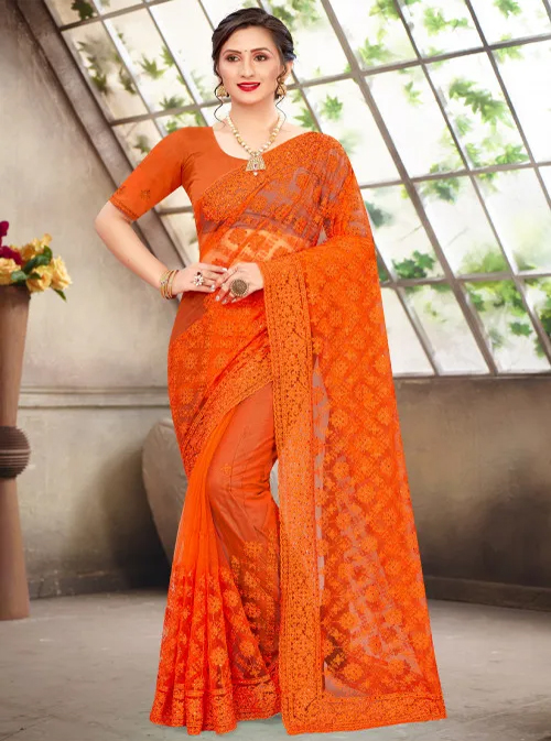 Orange Embroidered Saree