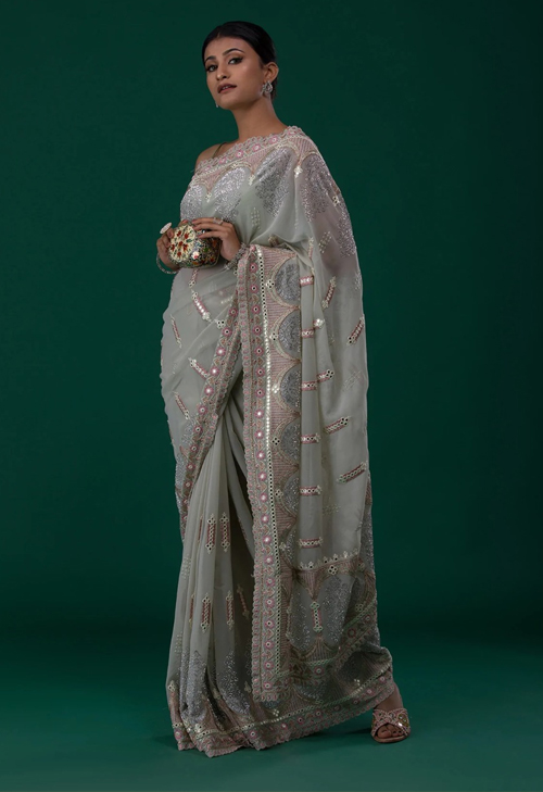 Pista Green Stone Work Saree