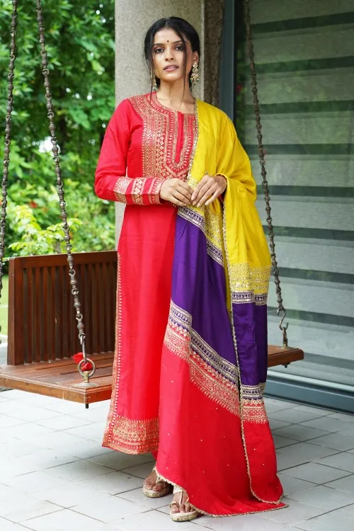 Red Suit With Multicolor Dupatta