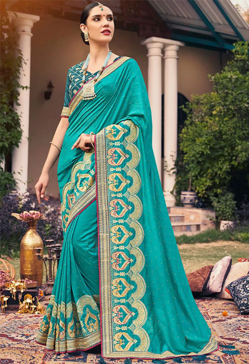 Turquoise Embroidered Saree