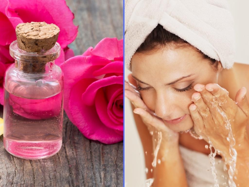 rose water, women washing face before application of rose water